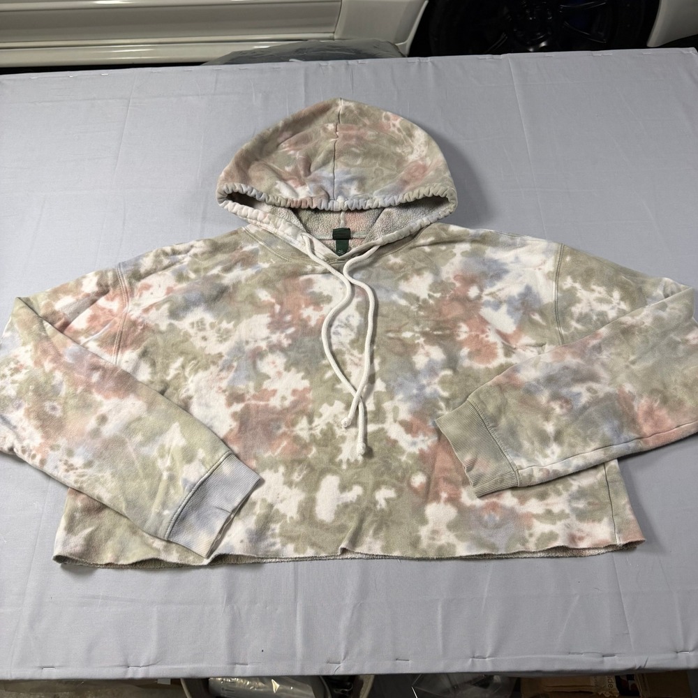 Wild Fable Womens Large Tie Dye Cropped Hoodie Green Mauve Raw Hem Fleece Top